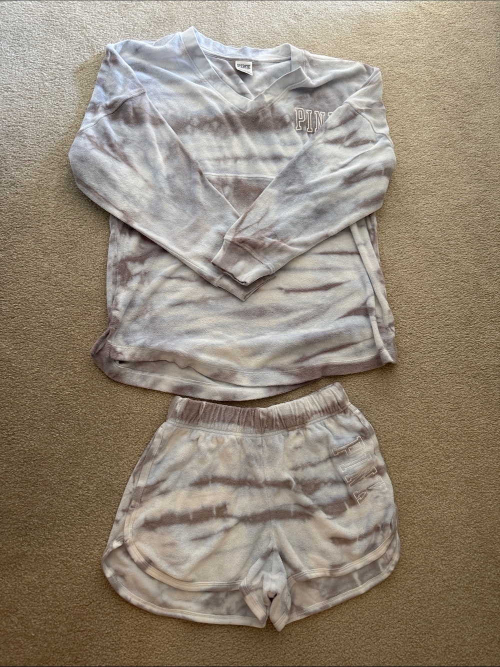PINK Victoria's Secret Lavender Tie-Dye Lounge Top & Shorts terry cloth XS